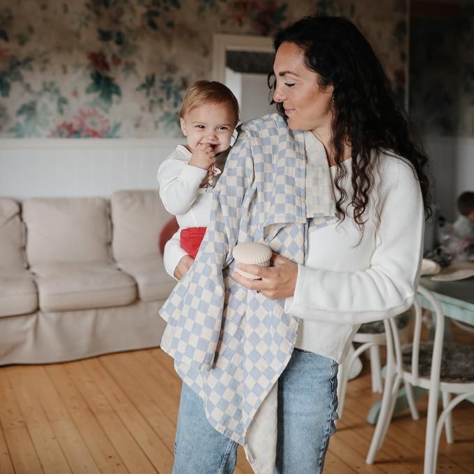 mushie Muslin Baby Swaddle Blanket | 100% Organic Cotton (Blue Check)