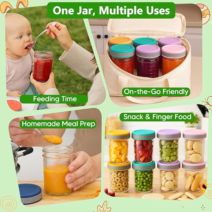 Glass Food Storage Jars with Lids (8 oz, 8-Pack) – Baby Food, Breast Milk, Puree, Reusable Containers for Snacks & Meal Prep, Portion Control & Spice Storage, Freezer, Microwave, Dishwasher Safe
