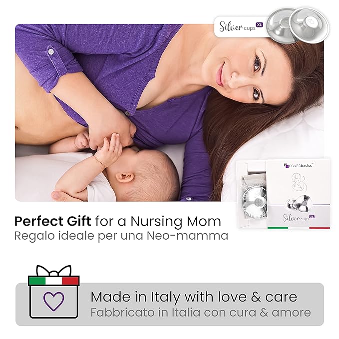 Original Italian Silver Nursing Cups - Nipple Shields for Breastfeeding - Helps Soothe and Protect Sore Nipples - Dermatologically Tested - Medical Device FDA-Registered (XL)