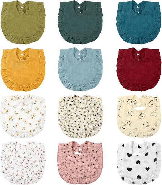 Geyoga 12 Pack Muslin Baby Bibs Adjustable Bandana Drool Bib for Unisex Cotton for Infants Boys Girls Teething