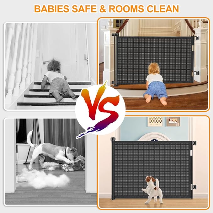 55 Inch Retractable Baby Gates Extra Wide, 41 Inch Reinforced Extra Tall Gate Mesh Safety Gate for Kids Pets, Retractable Dog Gate Baby Retractable Gate for Stair Hallway Doorway Indoor Outdoor, Black
