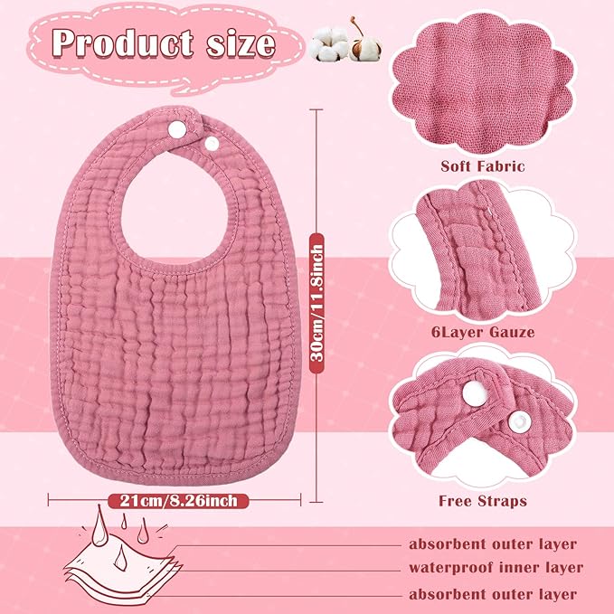 Frienda 8 Pcs Muslin Baby Bibs Cotton Bandana Drool Bibs Bulk for Newborn Infant 6 Absorbent Layers Feeding Accessory