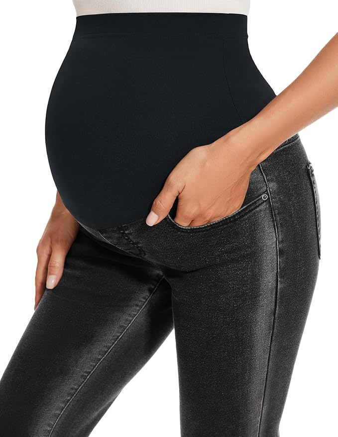 GLAMIX Women's Stretch Maternity Bootcut Jeans with Pockets Over The Belly Bell Bottoms Flare Denim Pants Pregnancy Clothes