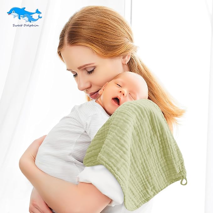 SWEET DOLPHIN 12 Pack Muslin Burp Cloths Large 100% Cotton Burping Clothes for Baby Drool - Absorbent and Soft Boys & Girls Milk Spit Up Rags for Newborn Essentials Registry - Ocean Dip
