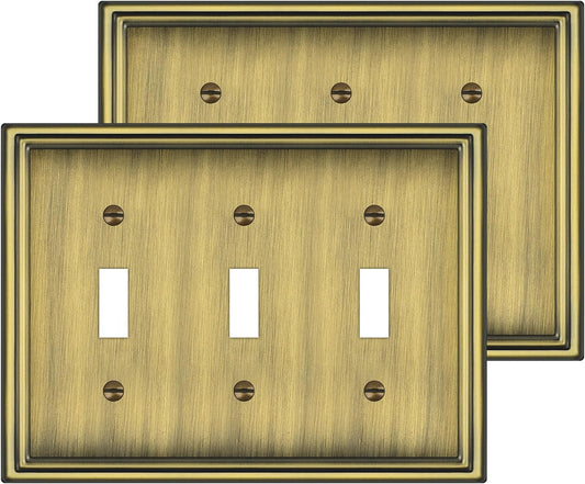 2 Pack Triple Toggle Light Switch Covers Plate, Antique Brass Metal Material Switch Plate Covers, 3 Gang Wall Plate for Light Switch - Classic Style