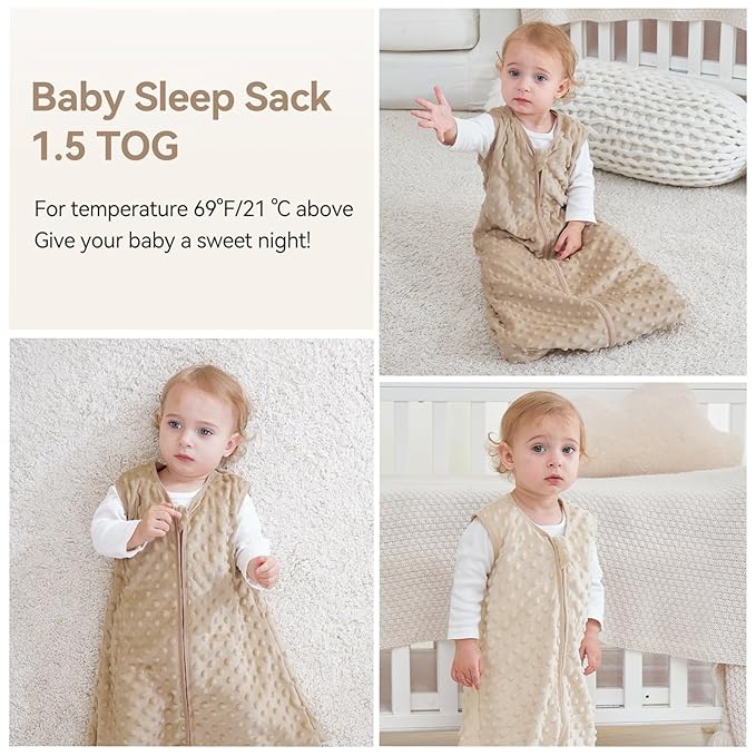 Fleece Baby Sleep Sack 6-12 Months with Plush Dots 1.5 Tog Baby Wearable Blanket with 2-Way Zipper Warm Sleeping Sack for Toddler Infant Newborn - Medium, Coffee