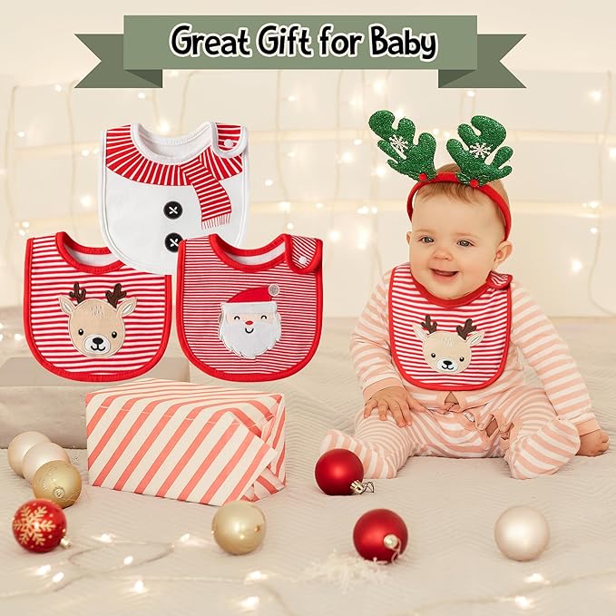 3Pcs Christmas Baby Cotton Bibs with Resin Button Newborn Infant Bibs Christmas Keepsake Baby Gift for Drooling Feeding