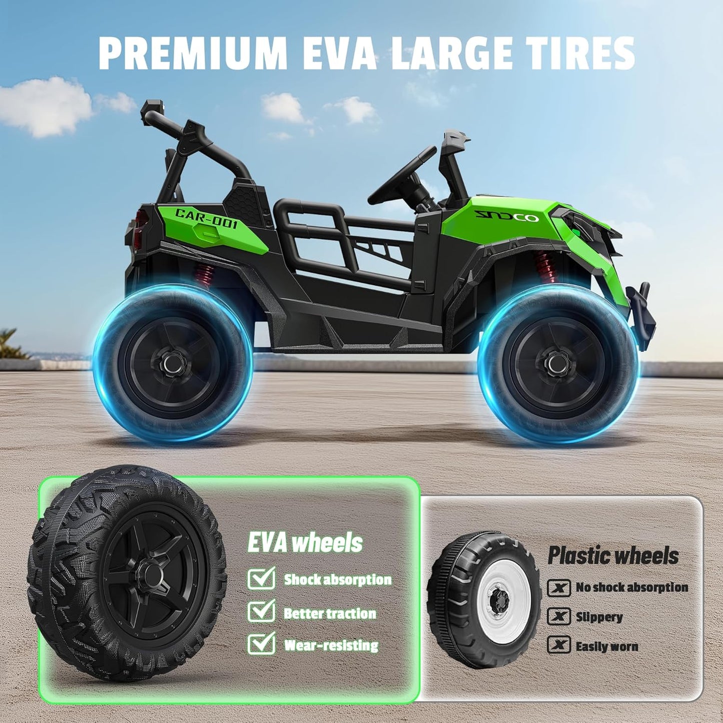 24V 2 Seater Ride on Car Truck, 4x200W, EVA Tires, Remote Control, 4WD/2WD, Rainbow Lights, Shock Absorbers, Bluetooth, Ride On UTV Toy for Kids Ages 3-8, Green