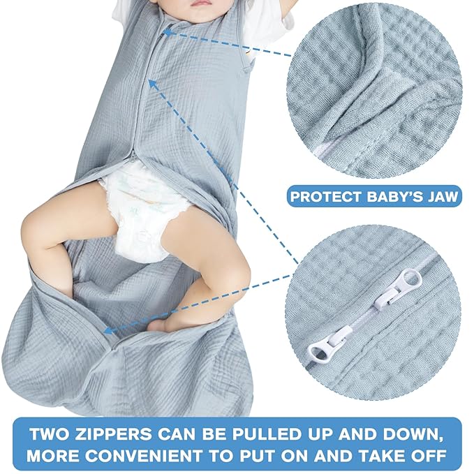 2 Pack Baby Sleep Sack 18-24 Months 100% Organic Cotton Muslin Baby Sleeping Bag 2-Way Zipper Toddler Wearable Blankets Comfy Stretchy Thin Sleep Sacks