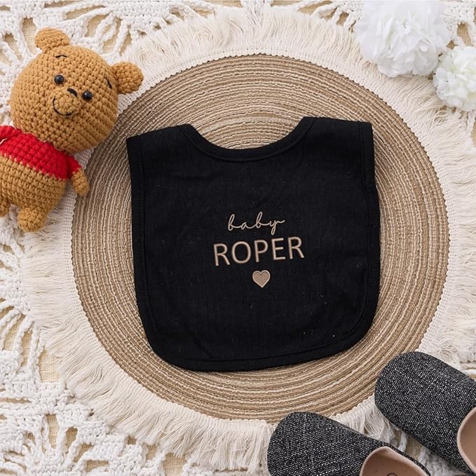COUPLEHOODIES Custom Baby Name Embroidered Bib – Cotton Feeding Bib with Heart Stitch Design, Gift for Newborn or Baby Shower