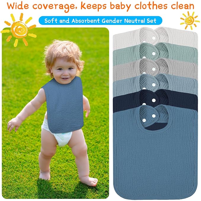 Toulite 6 Pcs Extra Large Muslin Toddler Baby Bibs for Girls and Boys Bandana Drool Bibs Absorbent Adjustable Cotton Baby Feeding Bib for Teething Drooling Newborn Infant Gift, 6 Solid Colors