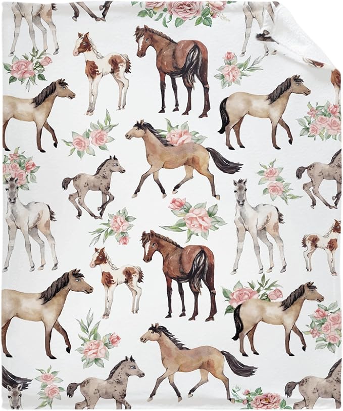 Horse Rose Blanket for Baby Girls Flowers Throw Blanket for Boys, Lightweight Cute Horses Soft Flannel Blankets for Kids Gifts, 30x40 Inches
