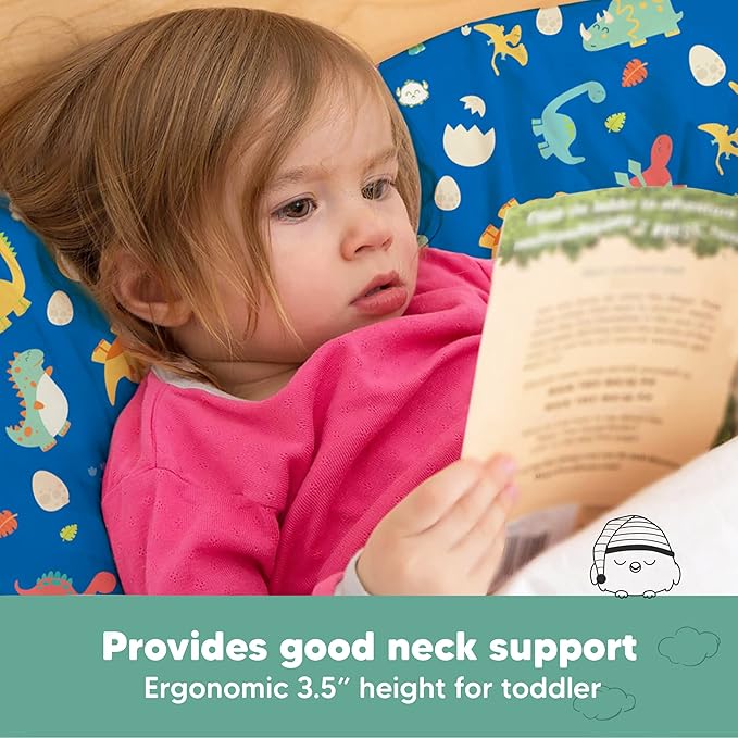 Toddler Pillow with Pillowcase - 13x18 My Little Dreamy Kids Travel Bed Pillows for Sleeping, Organic Cotton Small Pillowcase, Soft & Breathable, Machine Washable, Toddlers 2-5 Years Old (DinoWorld)