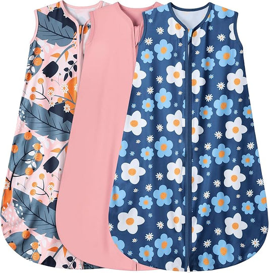 3 Pack Baby Sleep Sack 100% Rayon Cotton Baby Sleeping Bag 2-Way Zipper Toddler Wearable Blankets TOG 0.3. (Gerbera&Tulips&Pink, 12-18 Months)