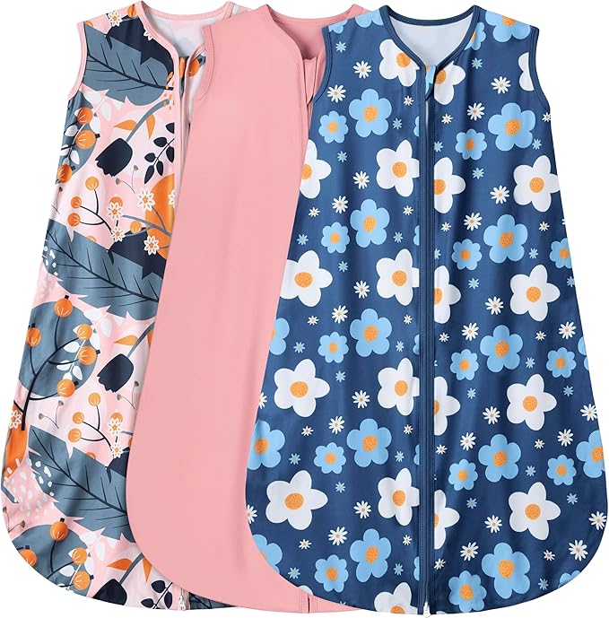 3 Pack Baby Sleep Sack 100% Rayon Cotton Baby Sleeping Bag 2-Way Zipper Toddler Wearable Blankets TOG 0.3. (Gerbera&Tulips&Pink, 6-12 Months)