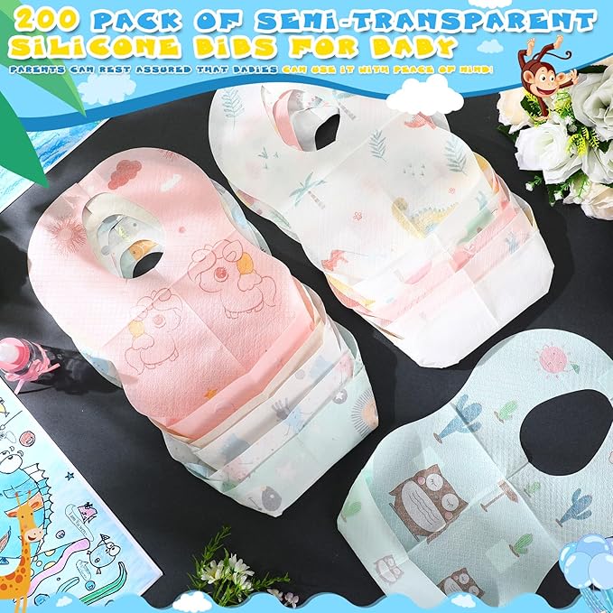 100/200 Pcs Disposable Baby Bibs Bulk Travel Feeding Bib Soft Food Catcher Pocket for Toddlers Girls Boys