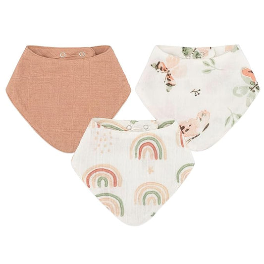 Crane 100% Cotton Baby Bib Set - Butterfly & Rainbow Muslin Bibs - Set of 3 Drool Bibs for Baby Boys or Girls - Newborn Eating Essentials