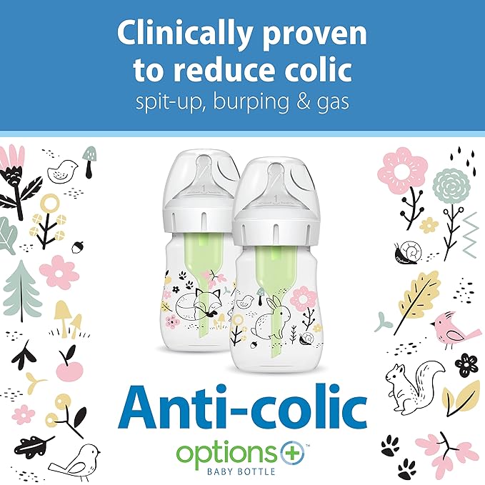Dr. Brown’s Natural Flow® Anti-Colic Options+™ Wide-Neck Baby Bottle Designer Edition Bottles, Woodland Decos, 5 oz/150 mL, Level 1 Nipple, 2-Pack, 0m+