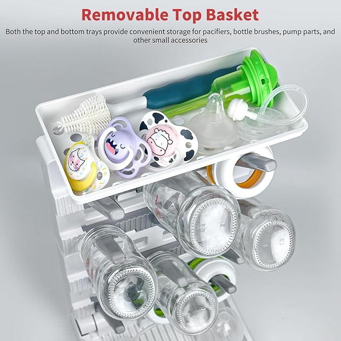 Baby Bottle Drying Rack for 12 Bottles, Space Saving Countertop Vertical Standing Bottle Dryer Rack for Baby Accessories & Pump Parts (Large White&Grey)
