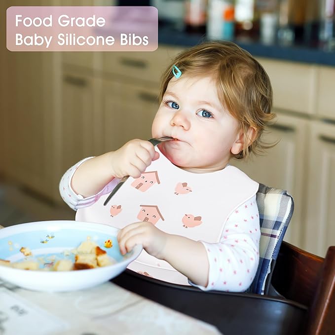 2 Pack Silicone Baby Bibs Adjustable Fit Waterproof Bib With Leak Proof Food Pouch Catcher for Eating Boys Girls