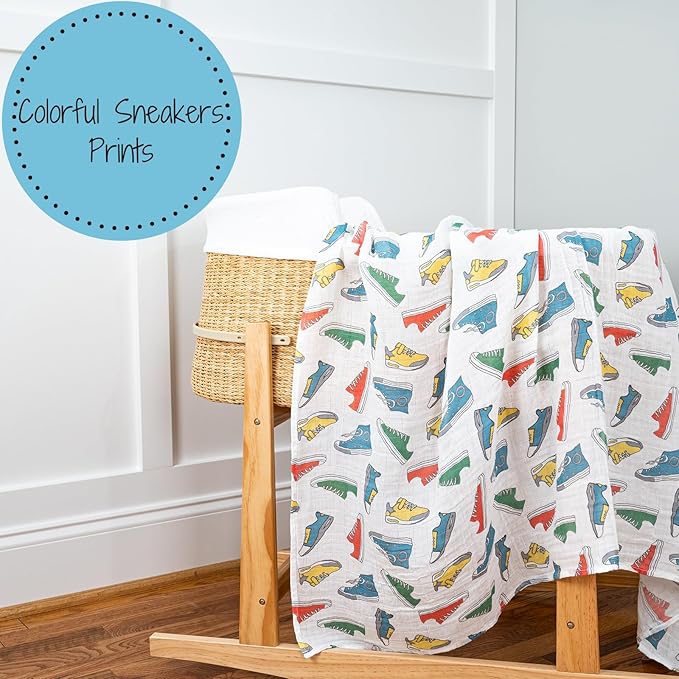 LollyBanks Swaddle Blanket, 100% Cotton Muslin Swaddle Blankets, Neutral Swaddle Blanket 47 x 47 Inches, Baby Blanket for Boys and Girls, Baby Essentials, Registry (Sneakers Print)