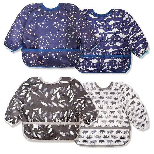 Joyo roy Mess Proof Baby Bibs for Eating Waterproof Toddler Bibs for Boys Soft Machine Washable Long Sleeve Bib 1-3 Years Travel Reusable Baby Smock Apron for Feeding Bib with Food Catcher