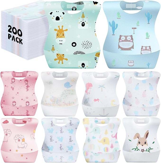 100/200 Pcs Disposable Baby Bibs Bulk Travel Feeding Bib Soft Food Catcher Pocket for Toddlers Girls Boys