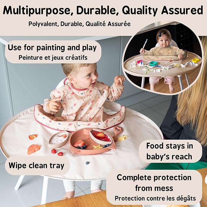 Tidy Tot- Baby Bib & Tray Kit - Mess Proof Long Sleeve Smock Attaches to Feeding Mat, Waterproof Bib - Fits Babies 6-24 Month