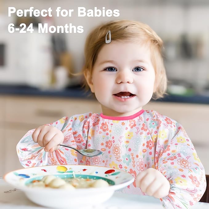 Long Sleeve Baby Bib For Eating Feeding Mess Proof Waterproof Food Smock Bibs With Pocket For Newborn Boy Girl