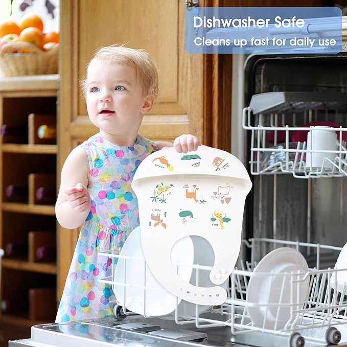 2 Pack Silicone Baby Bibs Adjustable Fit Waterproof Bib With Leak Proof Food Pouch Catcher for Eating Boys Girls