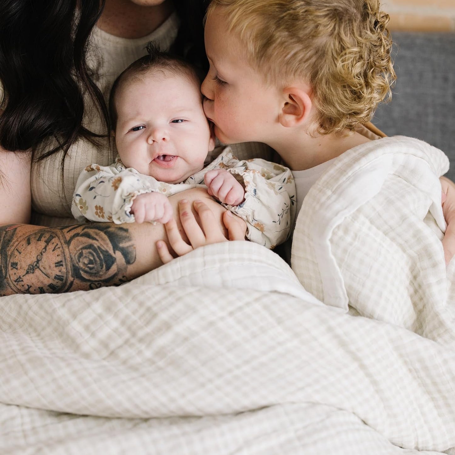 Little Unicorn Premium Quilted Throw | Super Soft, Multi-Layered Muslin XL Blanket| Great for Kids & Families (Tan Gingham)