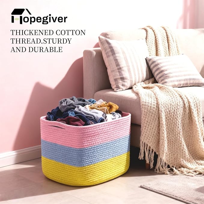 Hopegiver 3 Pack Storage Baskets for Organizing with Handle, Woven Baskets for Shelves - Durable Gift Basket for Cloth Toys Books Baby, Cotton Rope Basket for Dog Cat, 15x11x10 Inch(Pink&Blue&Yellow)