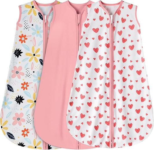 3 Pack Baby Sleep Sack 18-24 Months 100% Rayon Cotton Baby Sleeping Bag 2-Way Zipper Toddler Wearable Blankets Comfy Stretchy Lightweight TOG 0.3 （Heart&Pink&Floral）