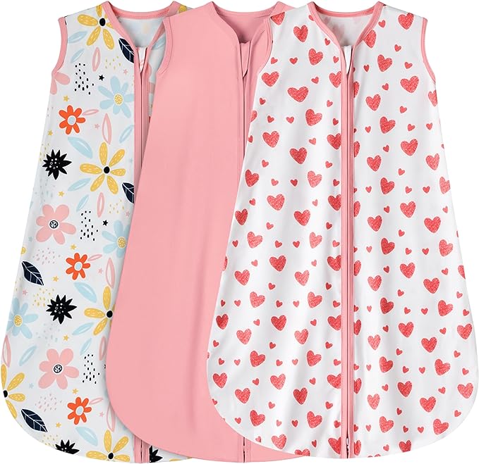 3 Pack Baby Sleep Sack 6-12 Months 100% Rayon Cotton Baby Sleeping Bag 2-Way Zipper Toddler Wearable Blankets TOG 0.3 （Heart&Pink&Floral）