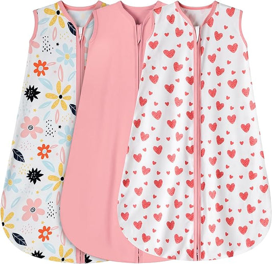 3 Pack Baby Sleep Sack 6-12 Months 100% Rayon Cotton Baby Sleeping Bag 2-Way Zipper Toddler Wearable Blankets TOG 0.3 （Heart&Pink&Floral）