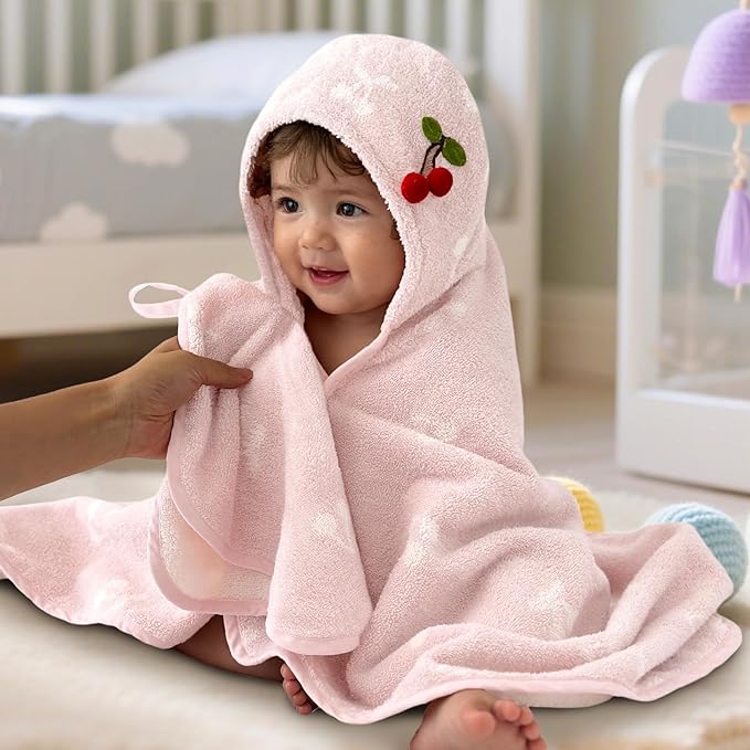 VOOVA & MOVAS Thick Baby Hooded Bath Towel - 100% Cotton,420GSM, 30.5x36 Inches,0-2Years, Super Absorbent Large Towel with Cherry Hood for Newborn,Toddler,Infant, Baby Essentials, Pink Cherry