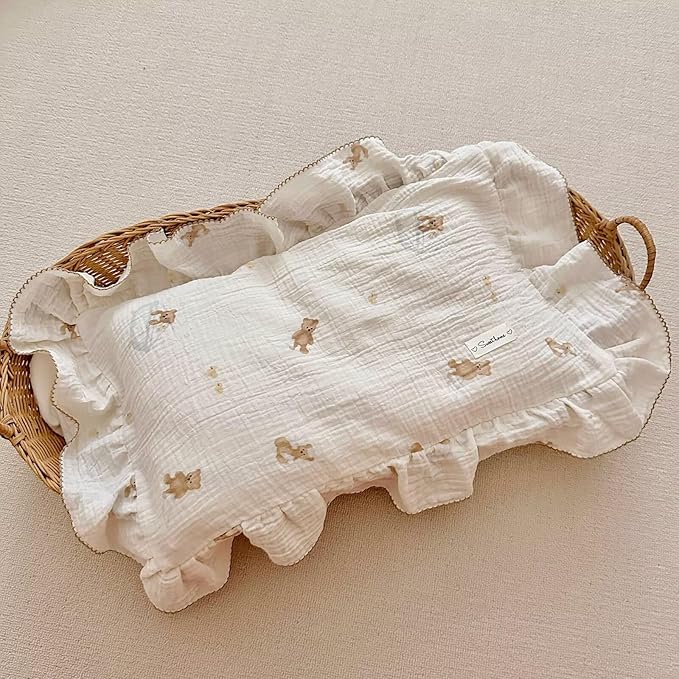 BuLuTu Muslin Cotton Girls Boys Pillow Case Standard Size, Cute Bear Children Pillowcase Neutral Baby Kids Pillow Cover Envelope Closure, 1 Piece, Bedding Decor, Machine Washable