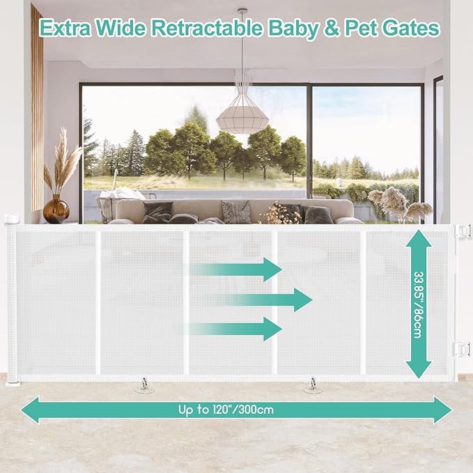 Upgrade 120 inch Retractable Baby Gates, EZIGO Extra Wide Baby Gate for Large Opening Extra Long Mesh Gate for Kids or Pet Dog Gate Child Safety Gate for Stairs Hallways Doorway Indoor Outdoor, White