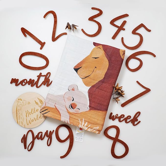 Miaoberry Safari Baby Milestone Blanket, Africa Jungle Theme Monthly Photo Growth Tracker with Giraffe, Lion, Elephant with Hello World Sign