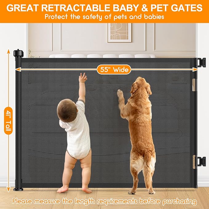 55 Inch Retractable Baby Gates Extra Wide, 41 Inch Reinforced Extra Tall Gate Mesh Safety Gate for Kids Pets, Retractable Dog Gate Baby Retractable Gate for Stair Hallway Doorway Indoor Outdoor, Black
