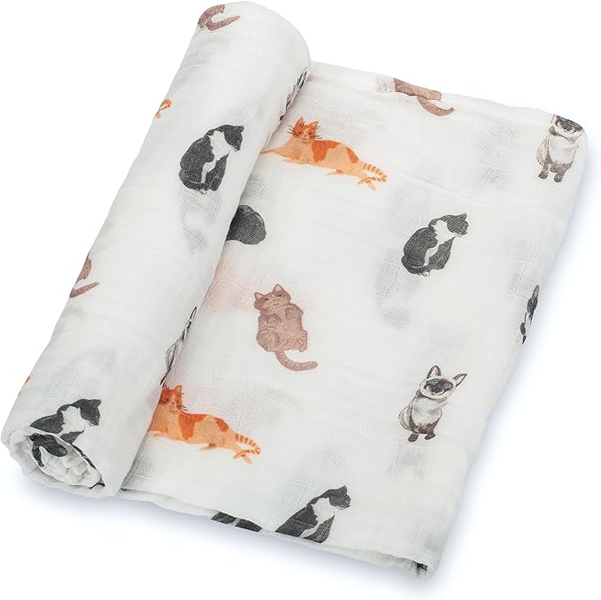 LollyBanks Swaddle Blanket for Boys and Girls, 100% Cotton Muslin Swaddle Blankets for Newborn Baby, Large 47 x 47 Inches Soft and Breathable Receiving Blanket, Baby Essentials, Registry (Cat Print)