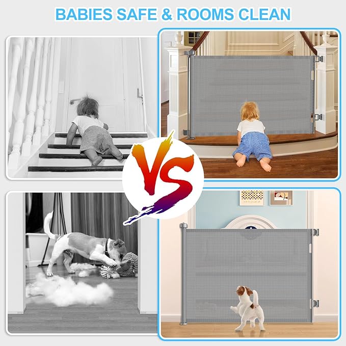 71 Inch Retractable Baby Gates Extra Wide, 41 Inch Reinforced Extra Tall Mesh Safety Gate for Kids Pets, Retractable Dog Gate Baby Retractable Gate for Stair Hallways Doorway Indoor Outdoor, Gray