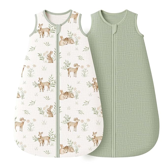 Konssy Muslin Baby Sleep Sack 0-6 Months 0.8 TOG, 2 Pack 100% Cotton Wearable Blanket for Babies, 2-Way Zipper Breathable Sleeping Sack Infant Toddler Essentials for Girls and Boys (Woodland,Sage)