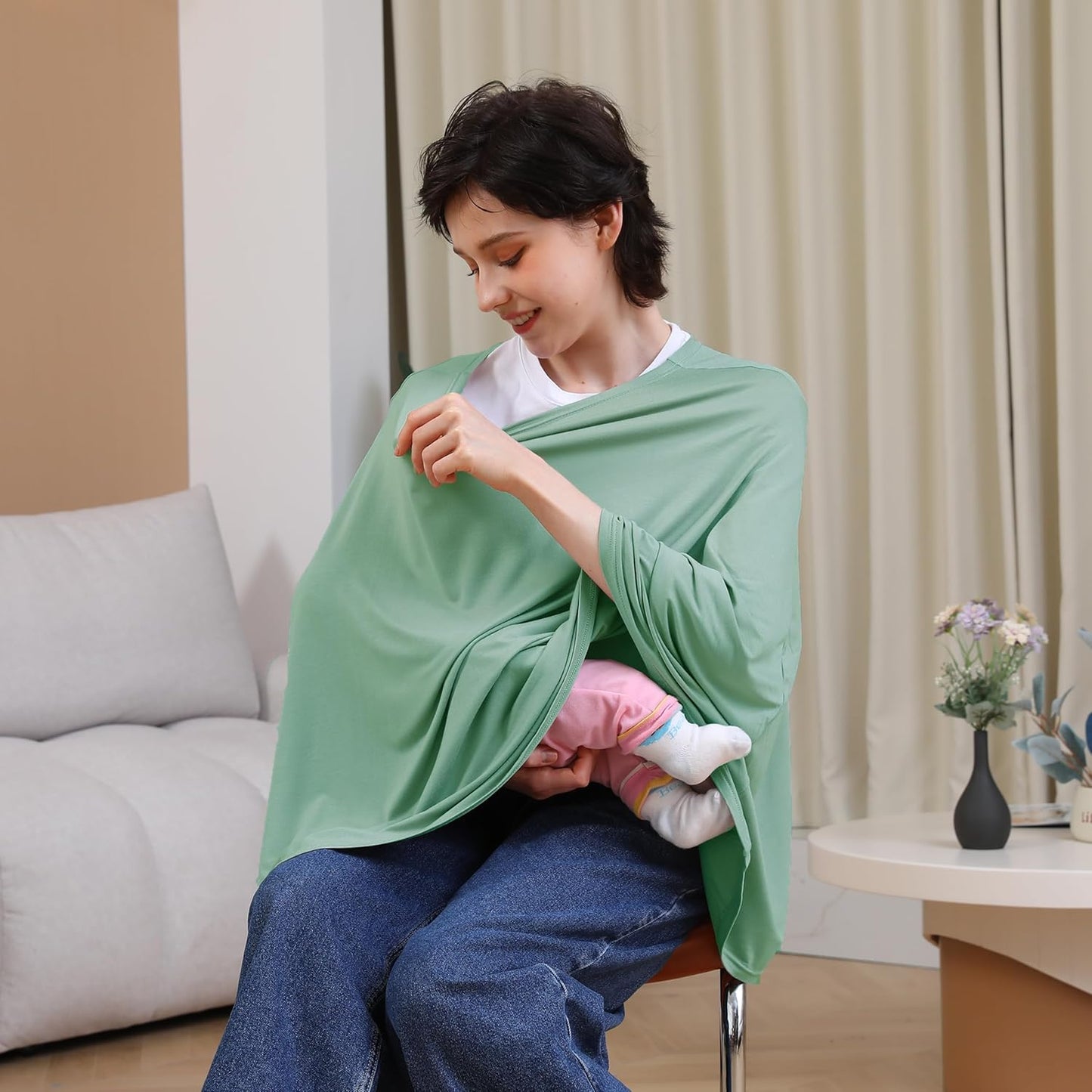 Multi-use Nursing Cover for Breastfeeding, 360°Full Coverage Nursing Poncho, Rayon Soft & Breathable Breastfeeding Cover up (Smooth Rayon, Sage Green)
