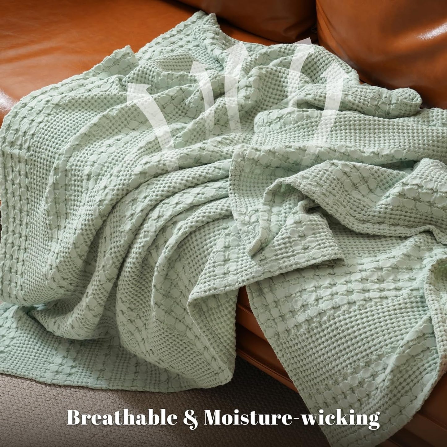 PHF 100% Cotton Waffle Weave Blanket Queen Size, Soft Lightweight Breathable Cozy Summer Blankets for Bed, Luxury Aesthetic Woven Bedding for Home Decor, 90"x90", Sage Green