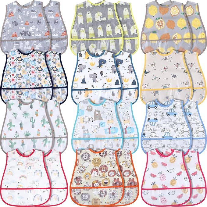 Jeyiour 24 Pcs Baby Waterproof Bibs with Food Catcher Adjustable Snaps Plastic Feeding Bibs for Toddlers, 6 to 36 Months