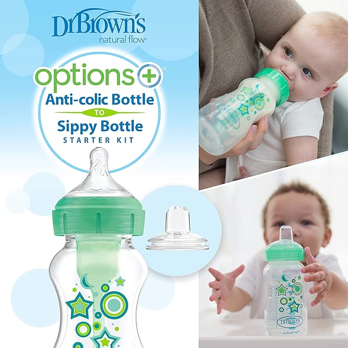 Dr. Brown’s Anti-Colic Options+ Wide-Neck Sippy Bottle Starter Kit, 9oz/270mL, with Level 3 Medium-Fast Flow Nipple and Soft 100% Silicone Sippy Spout, Green, BPA Free, 6m+, 2 Pack