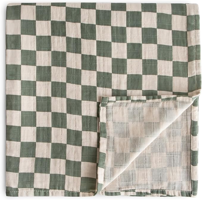 mushie Muslin Baby Swaddle Blanket | 100% Organic Cotton (Olive Check)
