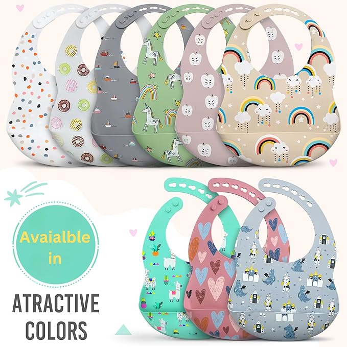 BPA-Free Silicone Baby Bibs with Travel Case, Toddlers Boys/Girls, Large Pocket, Adjustable, Toddlers 6-48 Months