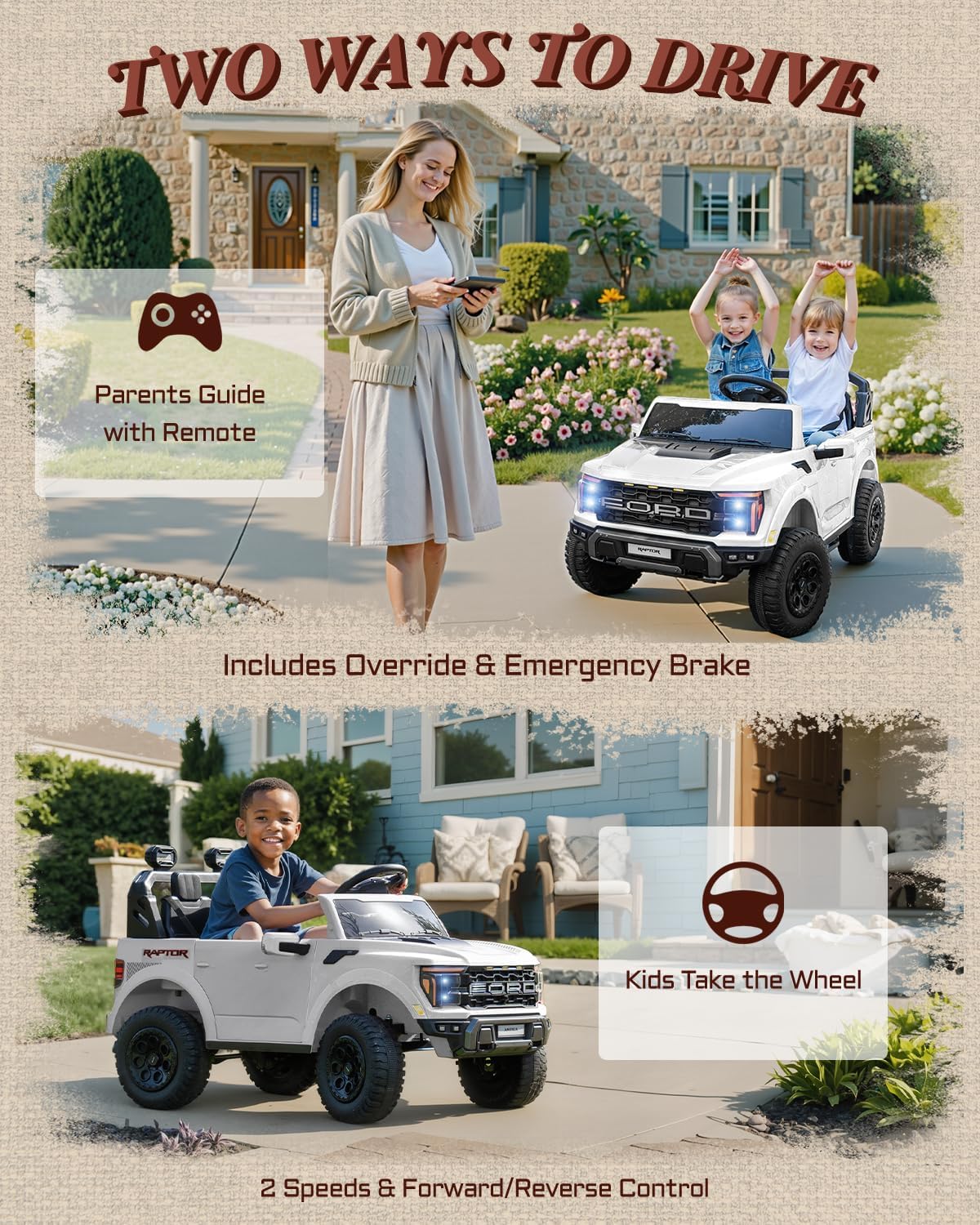 24V Kids Ride On Truck, Licensed Ford F-150 Raptor 2 Seater Electric Car w/Remote Control, Toddler Ride On Car Toys w/LED Lights, Bluetooth, Music, Truck Bed Storage, Soft Start (White)